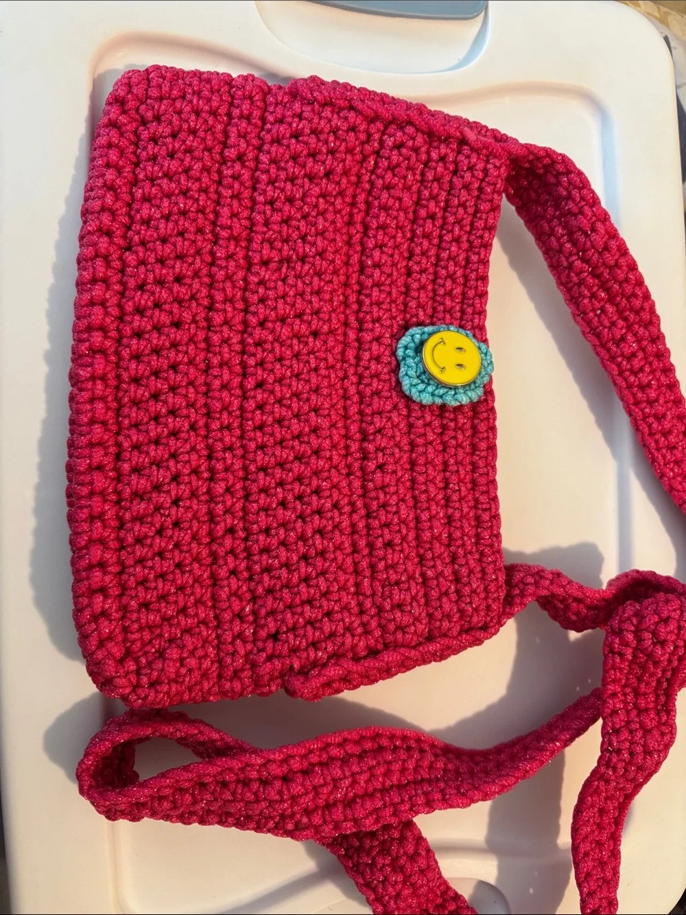 Handmade Kids Crochet Crossbody Bag - Hot Pink with Smiley Accent